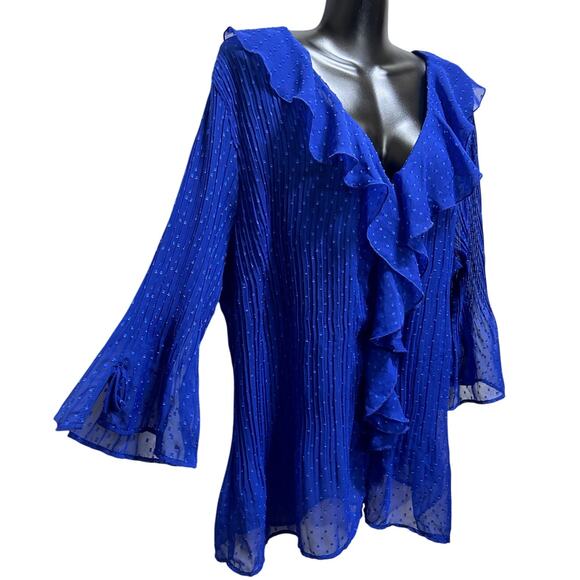 Women's Whimsygoth Royal Blue Flowy Blouse Sheer L Button Front Flounce Chiffon - Picture 2 of 7